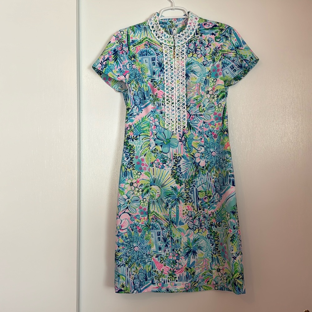 Lilly Pulitzer dress with short sleeves.